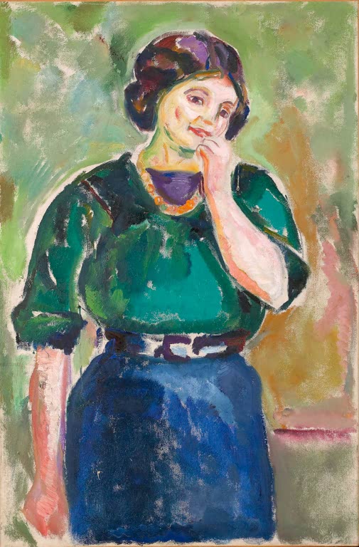 Lächelnde Frau in grüner Bluse und blauem Rock, die Hand am Kinn – Edvard Munch Modell in Grün und Blau Kunstkopie