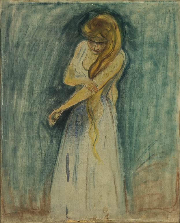 Junge Frau in hellem Kleid fasst sich an den Arm, grünlicher Grund – Edvard Munch Modell kratzt sich am Arm Kunstkopie