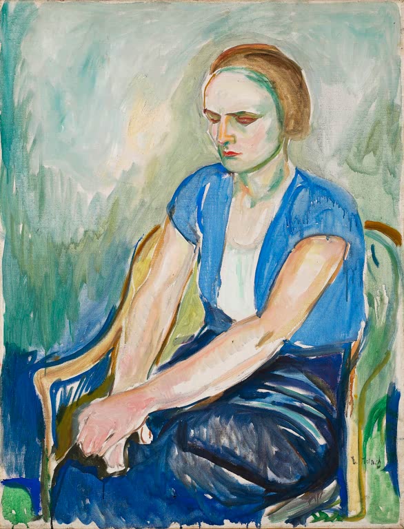Sitzende Frau in blauer Bluse mit gesenktem Blick – Edvard Munch Modell mit auf den Knien ruhenden Händen Kunstkopie