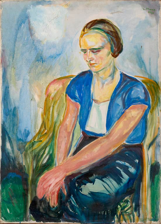 Sitzende Frau in blauer Bluse, die Hände auf den Knien – Edvard Munch Modell mit auf den Knien ruhenden Händen Kunstkopie