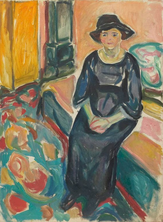 Edvard Munch Modell mit Hut Kunstkopie, sitzende Frau in dunkelblauem Kleid mit Hut vor orangefarbenem Interieur