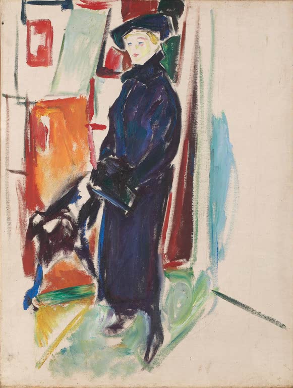 Frau in dunklem Mantel und Hut mit Hund – Edvard Munch Modell mit Hut und Mantel Kunstkopie