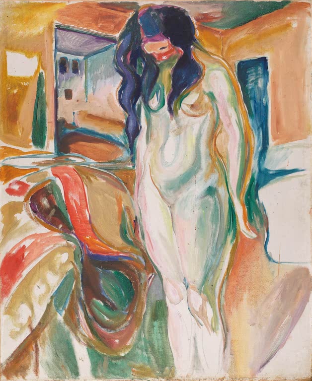 Nackte Frau mit dunklem Haar neben einem Rattanstuhl im Zimmer – Edvard Munch Modell neben dem Rattanstuhl Kunstkopie