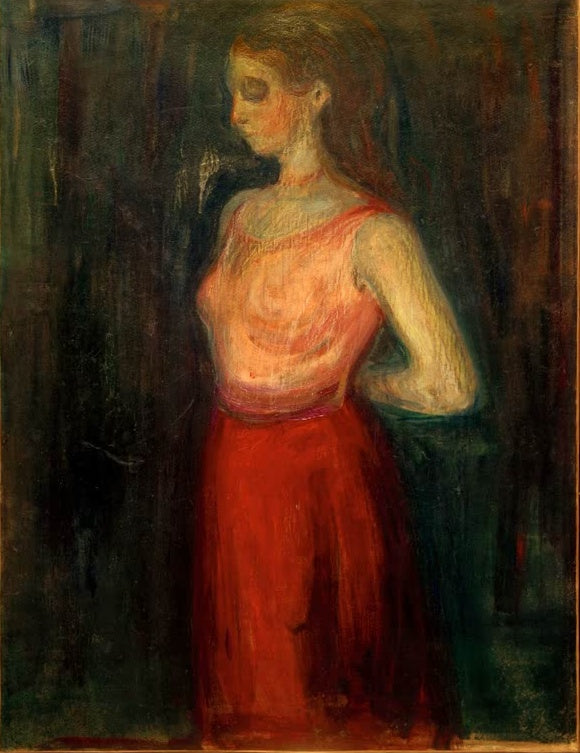 Stehende Frau im rosa Oberteil und roten Rock vor dunklem Hintergrund – Edvard Munch Modellstudie Kunstkopie