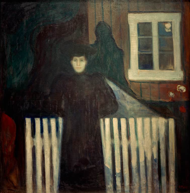 Frau in Schwarz steht nachts an einem weißen Zaun vor Haus mit hellem Fenster – Edvard Munch Mondschein Kunstkopie
