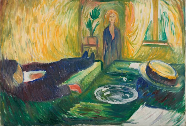 Frau steht in leuchtend gelbem Raum, im Vordergrund liegt ein Mann am Boden – Edvard Munch Mord Kunstkopie