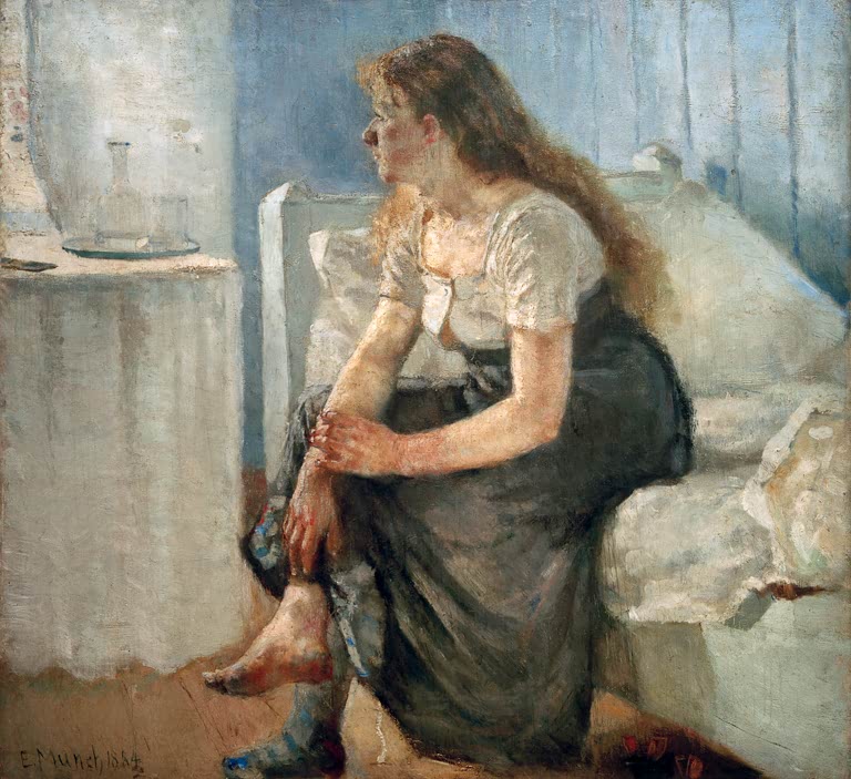 Junge Frau sitzt barfuß auf der Bettkante und blickt zum hellen Fenster – Edvard Munch Morgen Kunstkopie