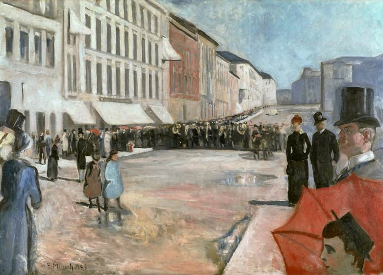 Menschenmenge auf Stadtstraße, vorn Passanten mit Zylinder und rotem Schirm – Edvard Munch Musik auf der Straße Kunstkopie