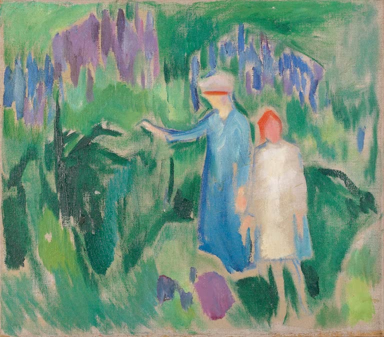 Frau in Blau und Kind in Weiß zwischen Lupinen im Garten – Edvard Munch Mutter und Tochter im Garten Kunstkopie