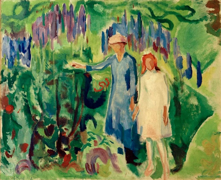 Frau und Mädchen in Weiß gehen Hand in Hand durch einen Garten – Edvard Munch Mutter und Tochter im Garten Kunstkopie
