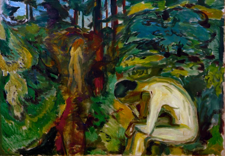 Nackte Gestalt kauert im farbigen Wald, im Hintergrund eine zweite Figur – Edvard Munch Nach dem Sündenfall Kunstkopie