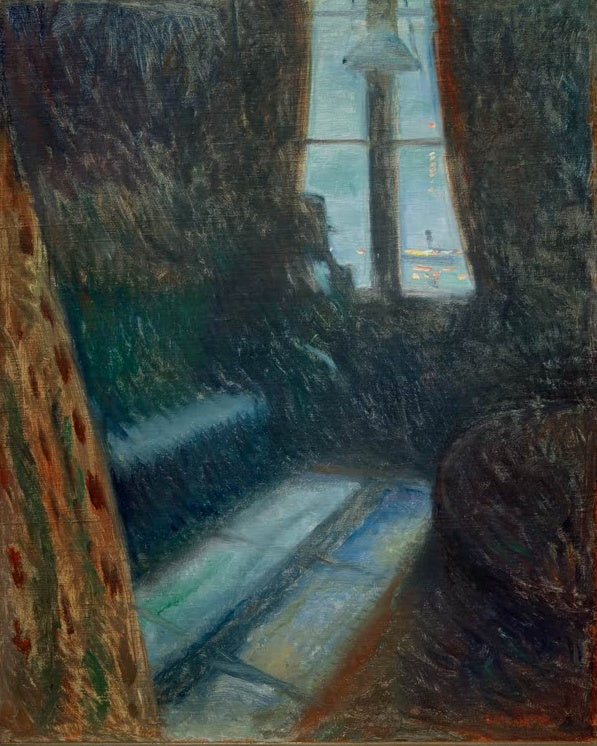 Nächtliches Zimmer mit Blick durch ein Fenster auf einen Fluss, Vorhang links – Edvard Munch Nacht in Saint-Cloud Kunstkopie