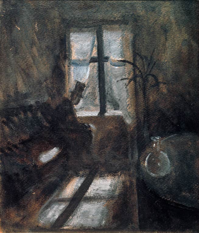 Dunkles Zimmer mit Fenster, Lichtstreifen auf dem Boden und einer Glasflasche – Edvard Munch Nacht in Saint-Cloud Kunstkopie