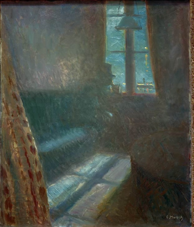 Dunkles Zimmer mit Fenster, Vorhang und bläulichem Lichtschein auf dem Boden – Edvard Munch Nacht in St. Cloud Kunstkopie