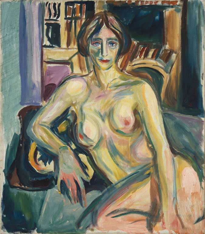 Halbnackte Frau sitzt vor einem Bücherregal und stützt den Arm auf – Edvard Munch Nackte, auf dem Sofa sitzend Kunstkopie