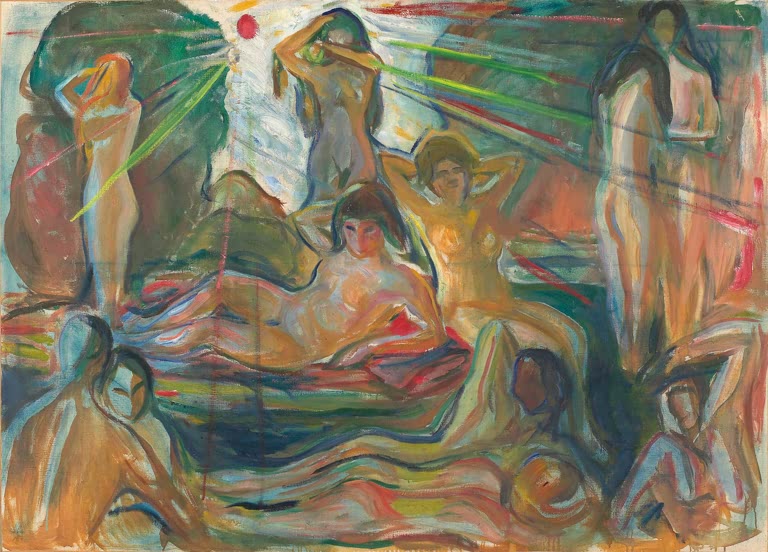 Gruppe nackter Figuren unter strahlender roter Sonne in warmen Farben – Edvard Munch Nackte Figuren und Sonne Kunstkopie
