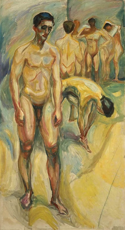 Edvard Munch Nackte Männer im Bad Kunstkopie, Gruppe badender Männer vor sonnigem gelbem Ufer
