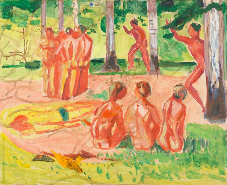 Rot gemalte nackte Männer unter Birken auf sonniger Lichtung – Edvard Munch Nackte Männer im Birkenwald Kunstkopie