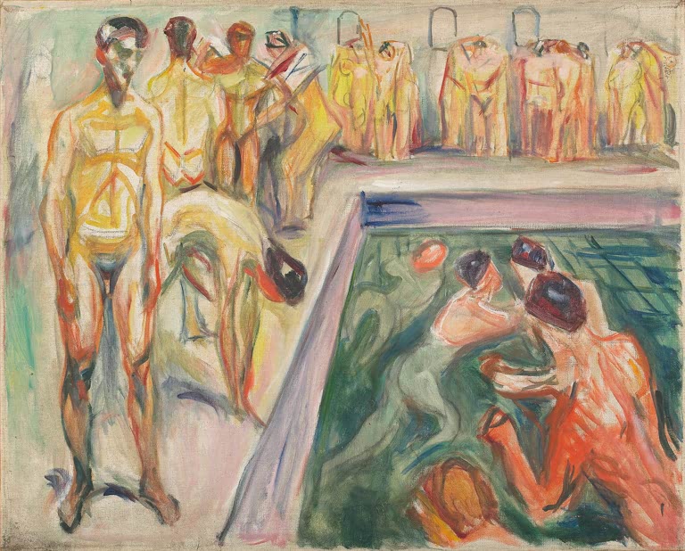 Nackte Männer am Beckenrand, im Wasser ringen zwei Figuren – Edvard Munch Nackte Männer im Schwimmbecken Kunstkopie