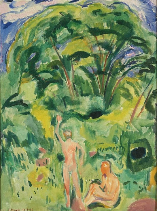 Zwei nackte Männer im grünen Wald, einer mit erhobenem Arm – Edvard Munch Nackte Männer im Wald Kunstkopie