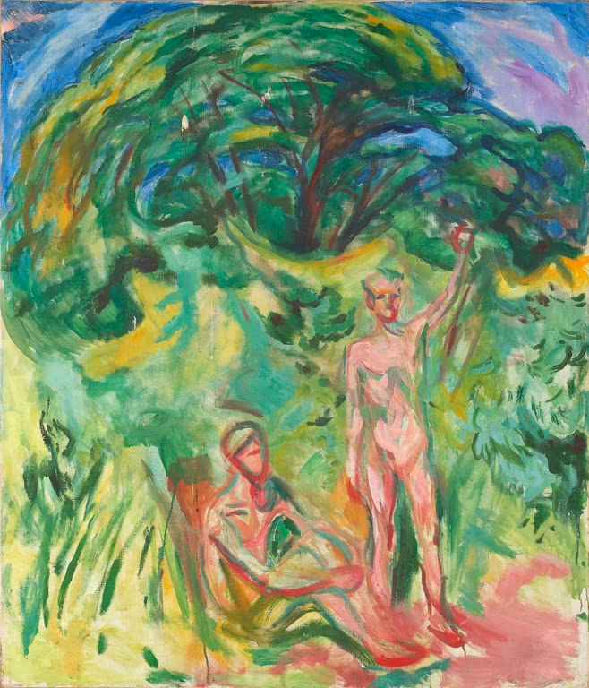 Nackte Männer unter einer großen grünen Baumkrone im Wald – Edvard Munch Nackte Männer im Wald Kunstkopie