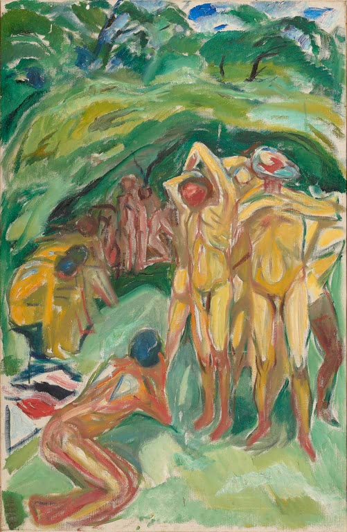 Nackte Männer stehen und hocken in grüner Waldlichtung – Edvard Munch Nackte Männer im Wald Kunstkopie