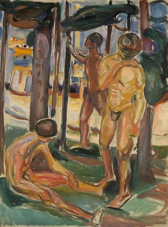 Edvard Munch Nackte Männer in Landschaft Kunstkopie, drei nackte Männer zwischen Baumstämmen im Wald