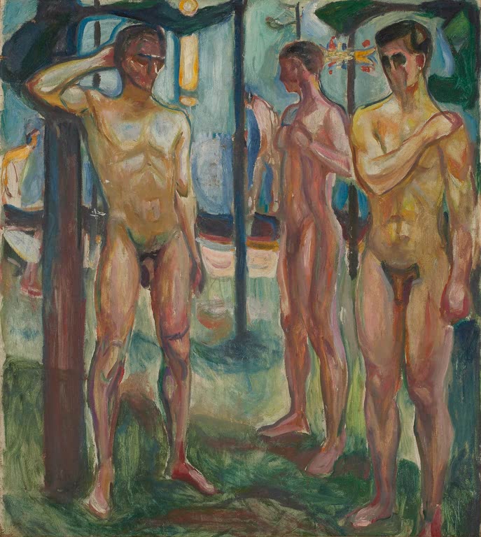 Drei nackte Männer stehen zwischen Bäumen in einer Landschaft – Edvard Munch Nackte Männer in Landschaft Kunstkopie