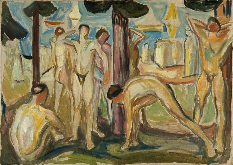 Nackte Männer zwischen Bäumen in sonniger Landschaft – Edvard Munch Nackte Männer in Landschaft Kunstkopie