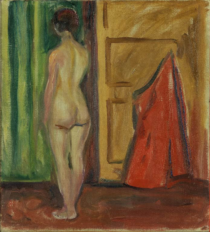 Nackte Frau von hinten vor grüner Wand und Tür mit rotem Tuch – Edvard Munch Nackte mit dem Rücken zugewandt Kunstkopie
