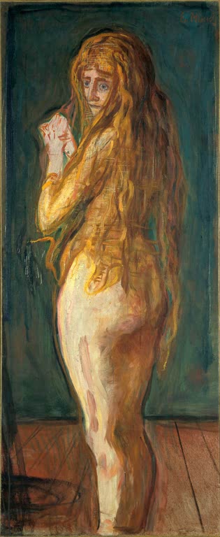Nackte Frau mit langem rotem Haar steht seitlich vor dunkelgrüner Wand – Edvard Munch Nackte mit langem rotem Haar Kunstkopie