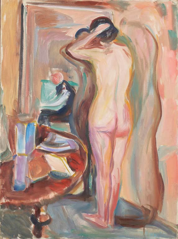 Nackte Frau von hinten steht vor einem Spiegel im rosafarbenen Raum – Edvard Munch Nackte vor dem Spiegel Kunstkopie