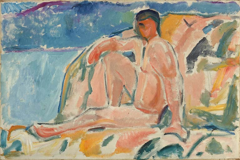 Nackter Mann sitzt auf rosa Felsen vor blauem Wasser – Edvard Munch Nackter Mann auf Felsen Kunstkopie