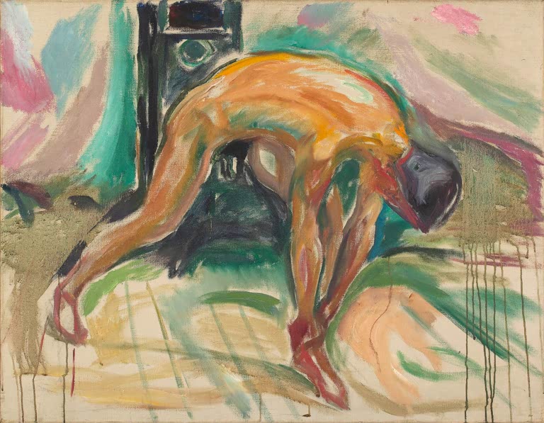 Nackter Mann beugt sich tief und greift zum Knöchel – Edvard Munch Nackter Mann, der seinen Knöchel umklammert Kunstkopie
