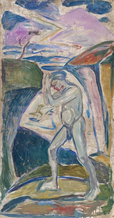Edvard Munch Nackter Mann in Felslandschaft Kunstkopie, Akt mit erhobener Hand vor grünen Felsen und lila Bergen am Meer