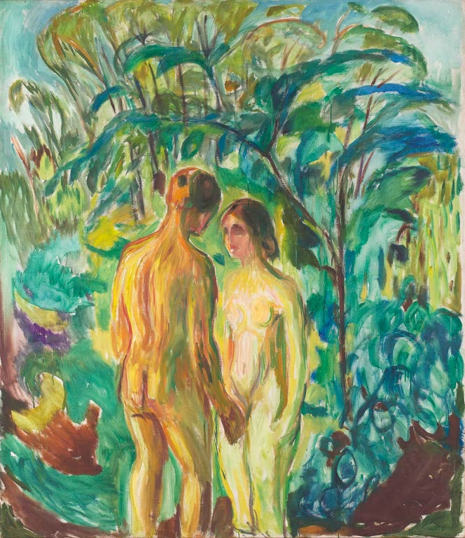 Nacktes Paar steht zwischen Büschen und Bäumen im Wald – Edvard Munch Nackter Mann und Frau im Wald Kunstkopie