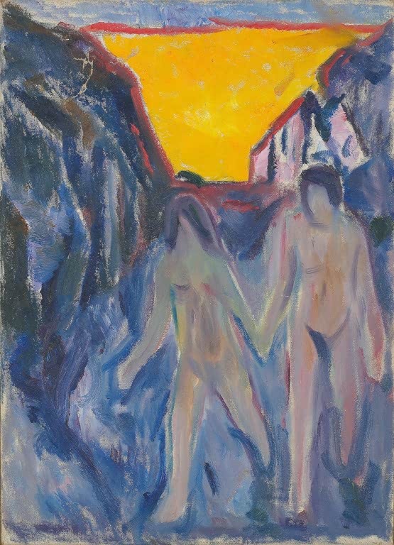 Nackter Mann und nackte Frau gehen Hand in Hand unter gelbem Himmel – Edvard Munch Nackter Mann und nackte Frau Kunstkopie