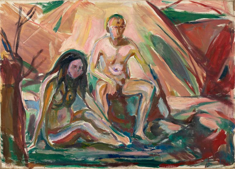 Nackter Mann und nackte Frau sitzen in farbiger Landschaft – Edvard Munch Nackter Mann und nackte Frau, sitzend Kunstkopie