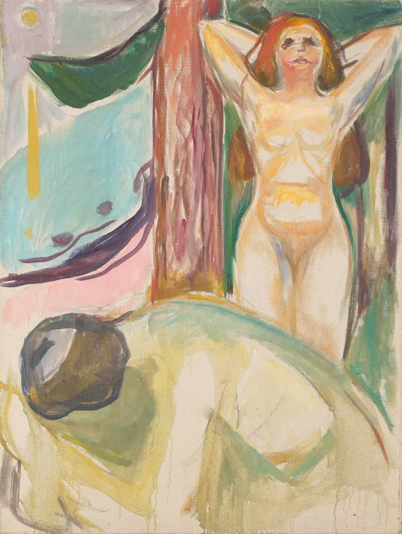 Nackte Frau mit erhobenen Armen neben Baum, davor ein Mann – Edvard Munch Nacktes Paar am Strand Kunstkopie