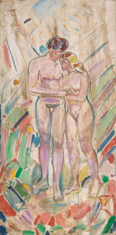 Nacktes Paar steht eng umschlungen inmitten bunter Farbstrahlen – Edvard Munch Neue Strahlen Kunstkopie