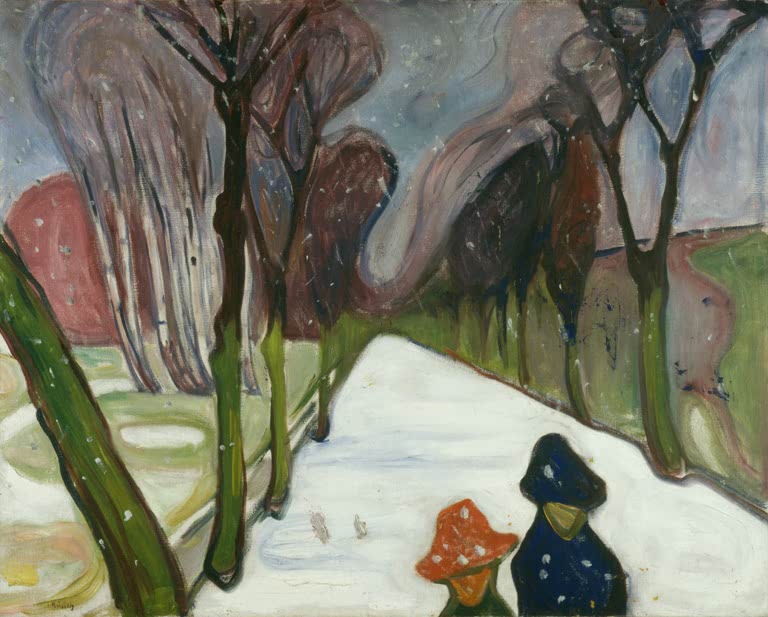 Zwei Kinder mit roter und blauer Mütze auf verschneitem Weg – Edvard Munch Neuschnee in der Allee Kunstkopie