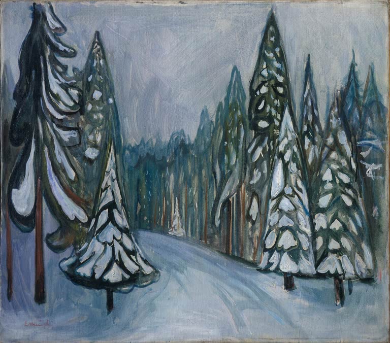 Verschneite Fichten an einem Waldweg unter grauem Winterhimmel – Edvard Munch Neuschnee Kunstkopie
