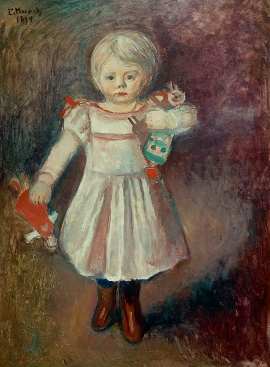 Kleines Mädchen im weißen Kleid mit Puppen in den Händen vor dunklem Grund – Edvard Munch Nora Mengelberg Kunstkopie