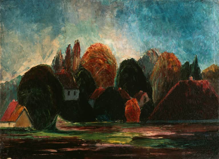 Herbstliche Landschaft mit dunklen Bäumen und rotem Hausdach unter Himmel – Edvard Munch Norwegische Landschaft Kunstkopie
