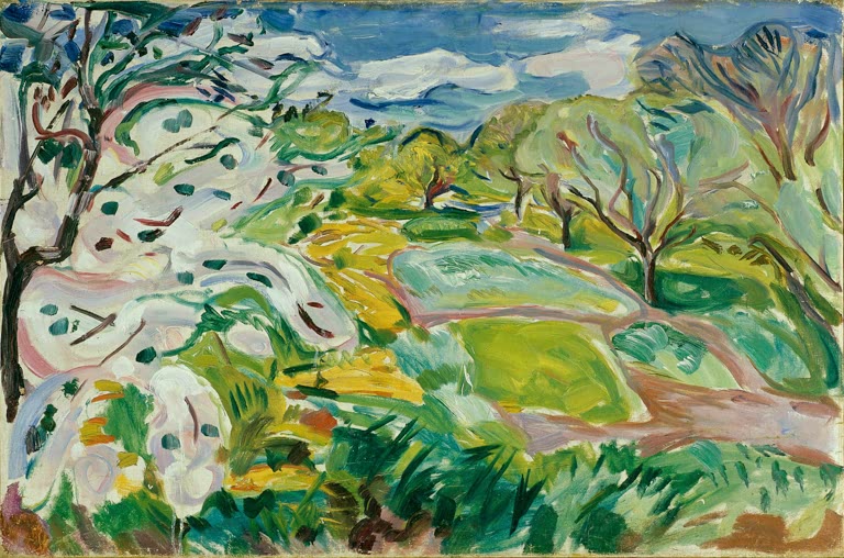 Windbewegte Landschaft mit weiß blühenden Obstbäumen – Edvard Munch Obstbäume in Blüte im Wind Kunstkopie