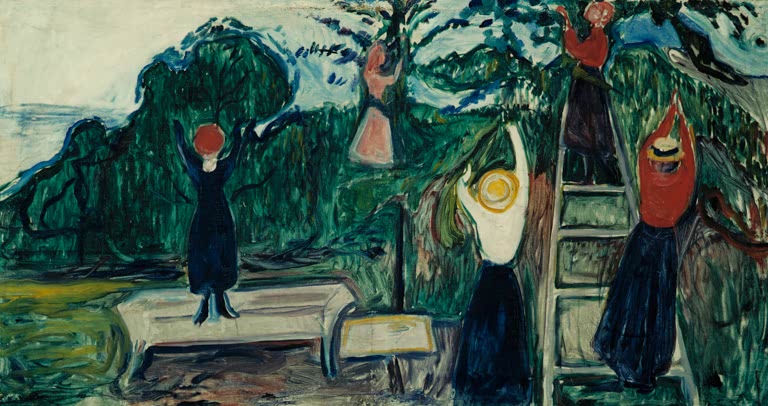 Frauen pflücken Obst von Bäumen, eine steht auf einem Hocker, eine auf einer Leiter – Edvard Munch Obsternte Kunstkopie