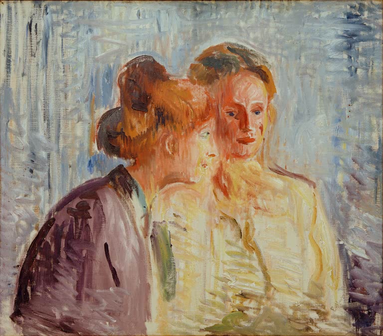 Zwei Schwestern lehnen die Köpfe aneinander, in zarten Farben vor bläulichem Grund – Edvard Munch Olga und Rosa Kunstkopie