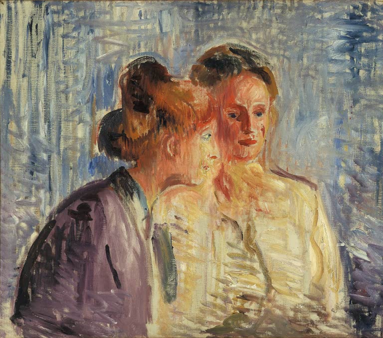 Zwei dicht beieinander sitzende Frauen mit hochgesteckten Haaren – Edvard Munch Olga und Rosa Meissner Kunstkopie