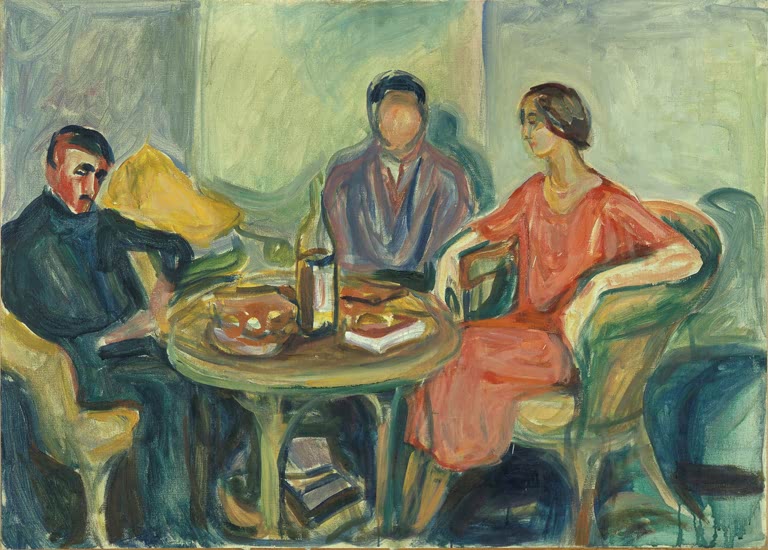 Zwei Männer und eine Frau in rotem Kleid sitzen an einem runden Tisch mit Flasche – Edvard Munch Osloer Bohèmiens Kunstkopie