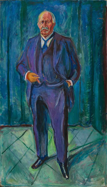 Mann im blauen Anzug steht mit den Händen in den Taschen vor Vorhang – Edvard Munch Otto Blehr Kunstkopie